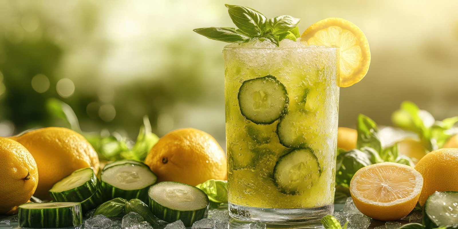 Refreshing cucumber lemon drink garnished with fresh basil and surrounded by citrus fruits